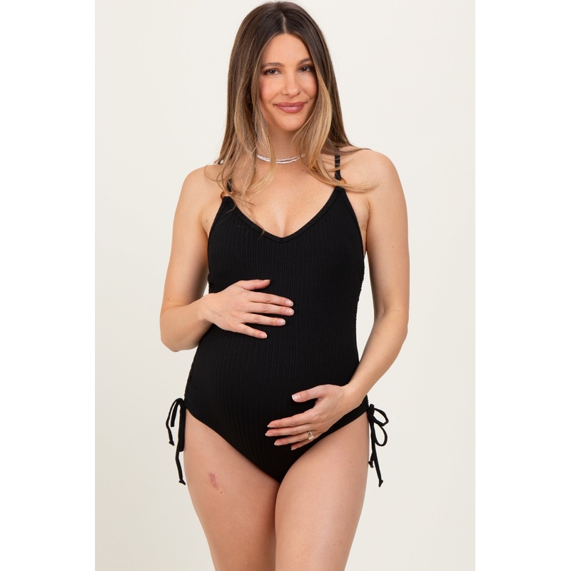 Black Ribbed O-Ring Strap Side Tie Maternity Swimsuit