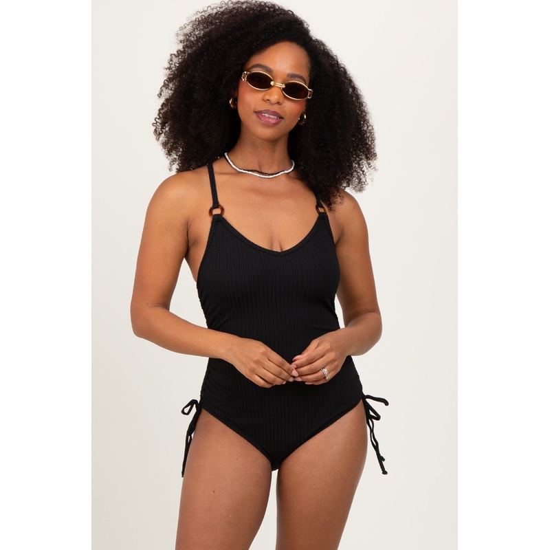 Black Ribbed O-Ring Strap Side Tie Swimsuit