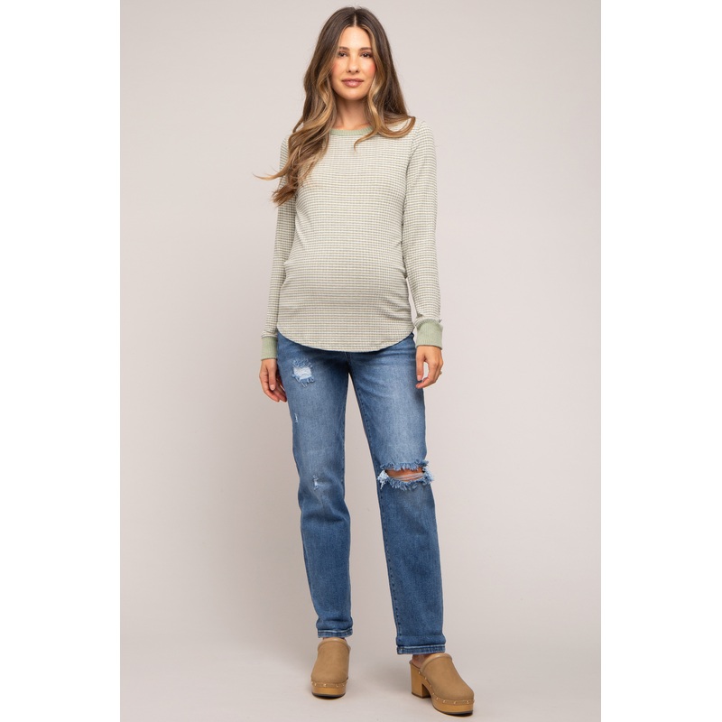 Blue Distressed Rolled Hem Maternity Jeans
