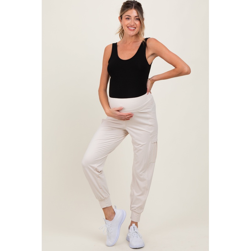 Cream Cargo Pocket Maternity Jogger Pants