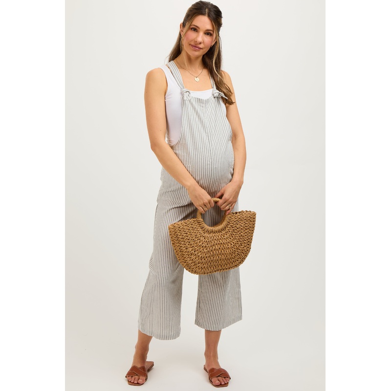 Grey Striped Linen Maternity Overalls