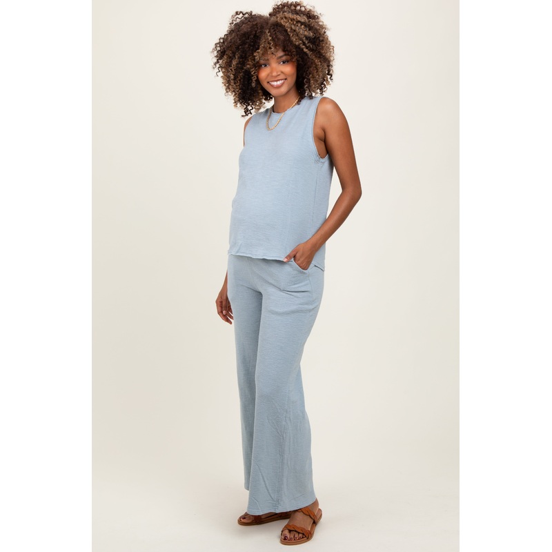 Light Blue Slub Knit Maternity Pants Set