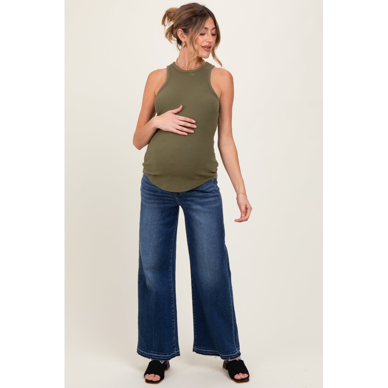 Navy Distressed Raw Hem Wide Leg Maternity Jeans