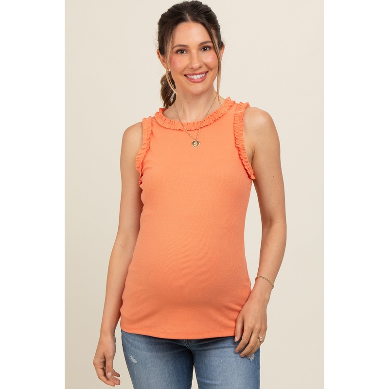 Salmon Rib Knit Ruffle Trim Sleeveless Maternity Top