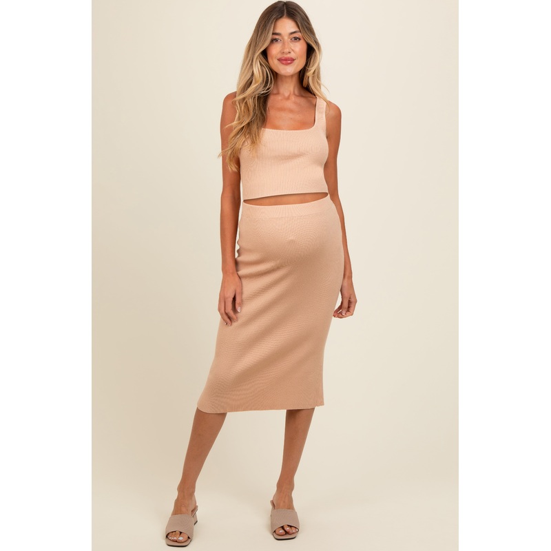 Taupe Ribbed Square Neck Sleeveless Crop Maternity Skirt Set