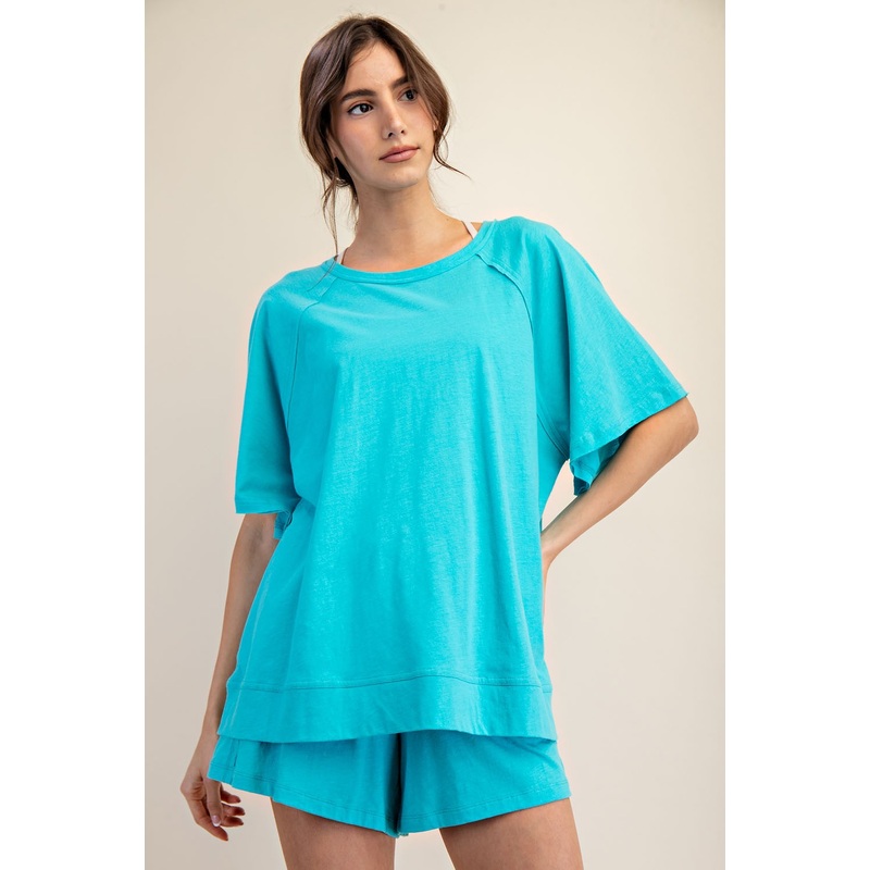Turquoise Oversized Raw Hem Short Sleeve Tee