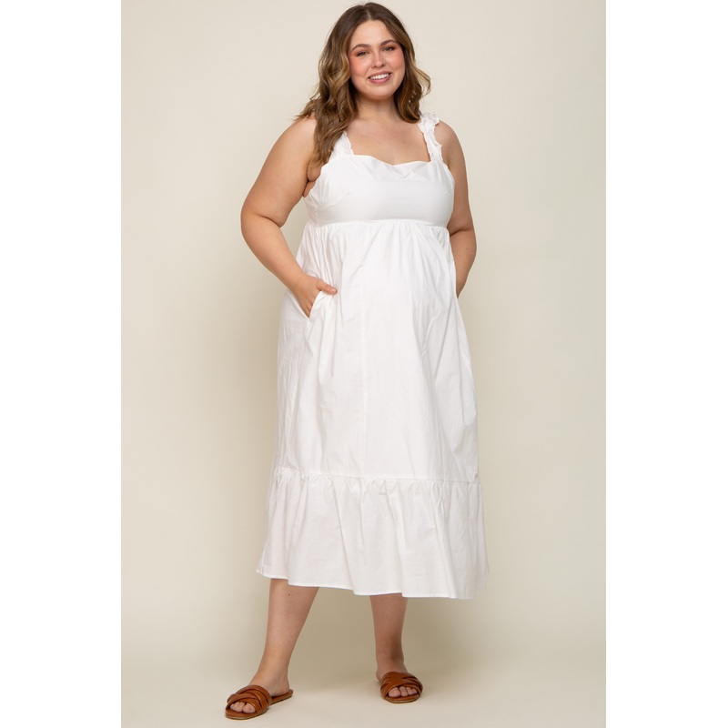 White Ruffle Strap Back Tie Maternity Plus Midi Dress