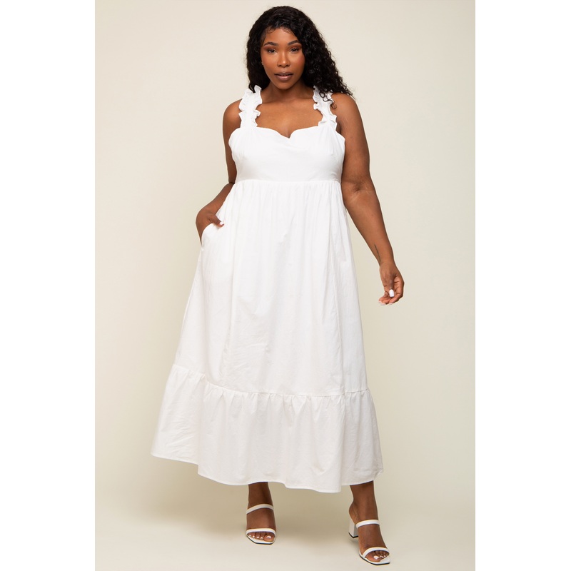 White Ruffle Strap Back Tie Plus Midi Dress