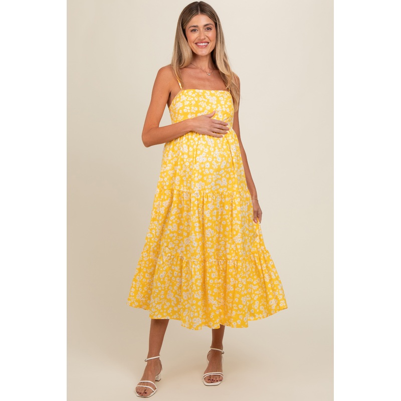 Yellow Floral Cutout Tie Back Maternity Midi Dress