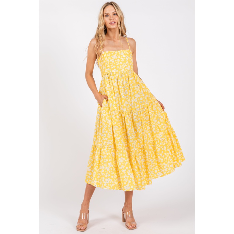 Yellow Floral Cutout Tie Back Midi Dress