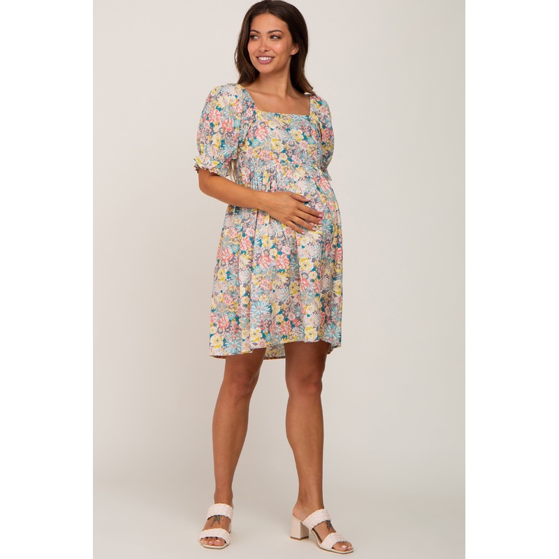 Yellow Floral Square Neck Short Puff Sleeve Maternity Dress