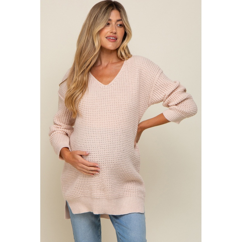 Beige Chunky Knit V-Neck Side Slit Long Maternity Sweater