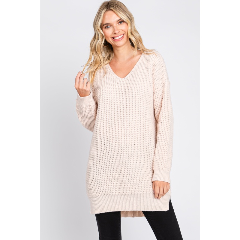 Beige Chunky Knit V-Neck Side Slit Long Sweater