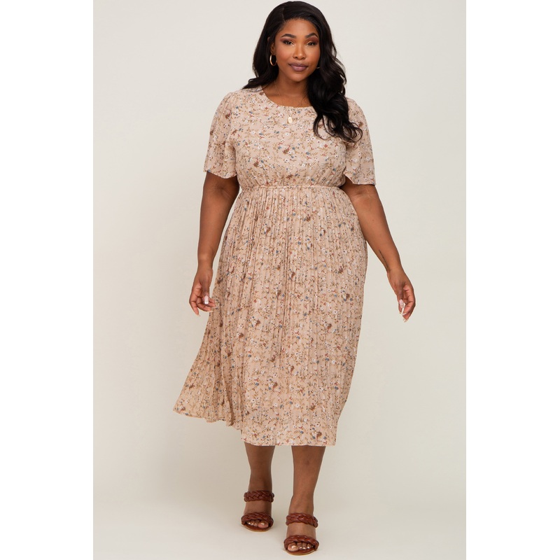 Beige Floral Pleated Chiffon Plus Midi Dress