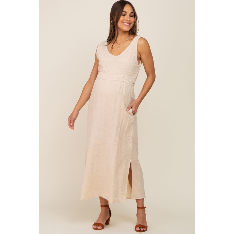 Beige Lightweight Sleeveless Open Back Maternity Maxi Dress