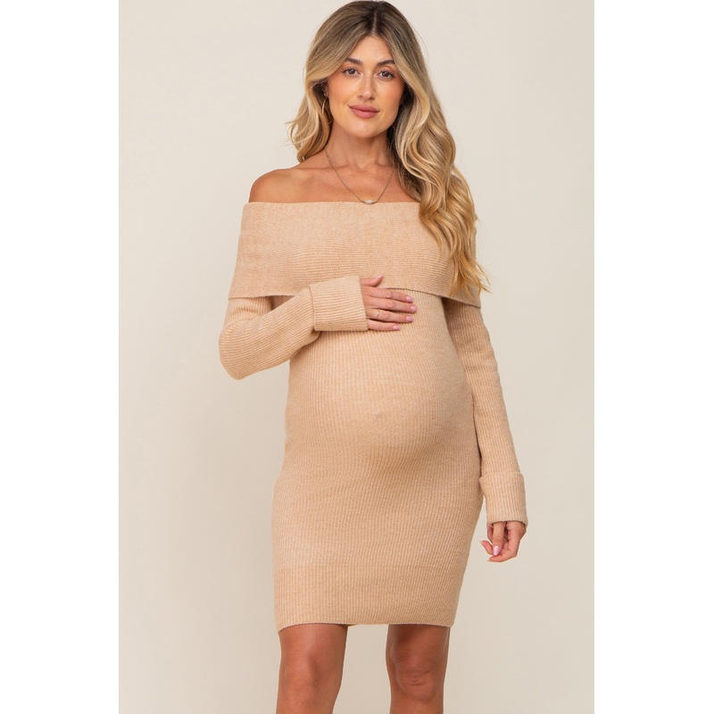 Beige Off-Shoulder Fold Over Maternity Sweater Dress