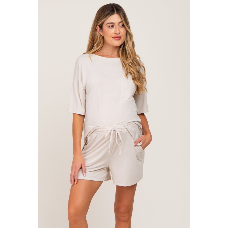 Beige Pocket Front Maternity Pajama Short Set