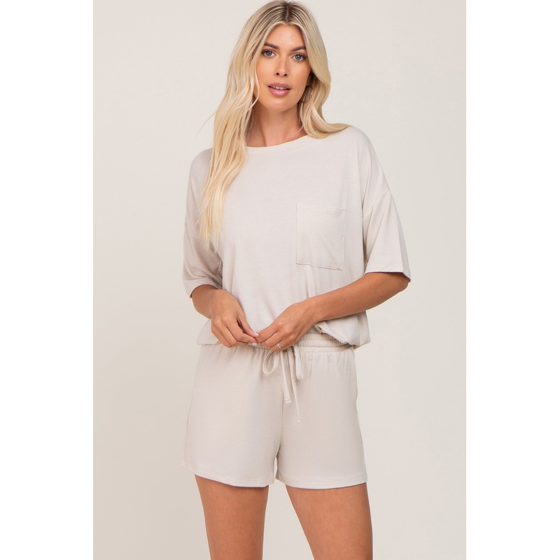 Beige Pocket Front Pajama Short Set