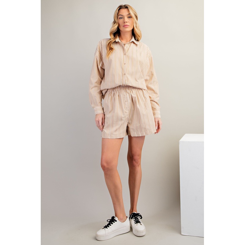Beige Striped Button Accent Shorts