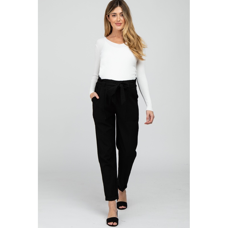 Black Paper Bag Waist Cropped Maternity Pants