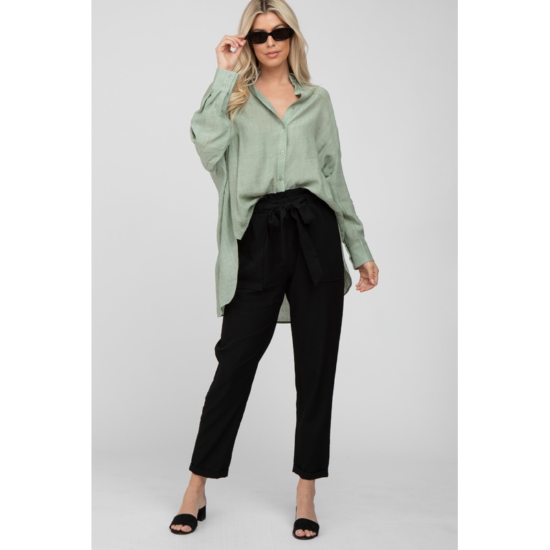 Black Paper Bag Waist Cropped Pants