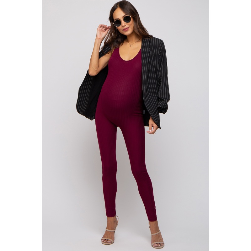 Burgundy Ribbed Bodycon Maternity Jumpsuit