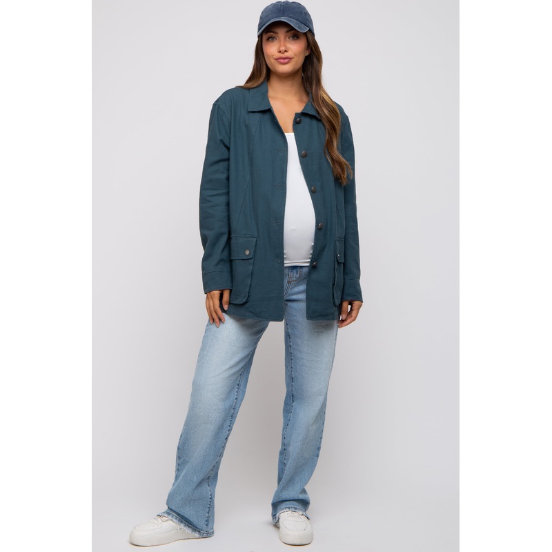 Dark Teal Front Pocket Collared Maternity Jacket