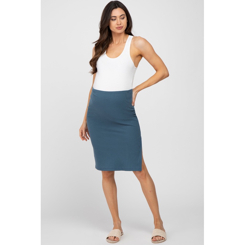 Dark Teal Ribbed Side Slit Maternity Skirt
