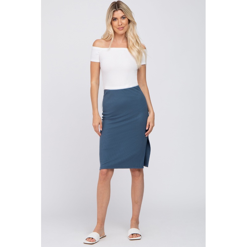 Dark Teal Ribbed Side Slit Skirt