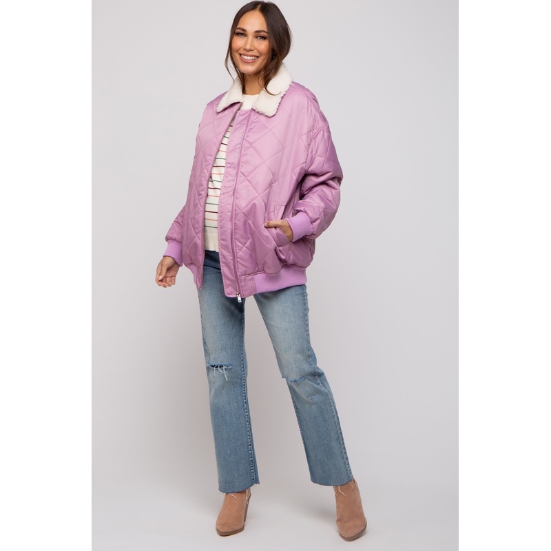 Lavender Quilted Sherpa Collar Maternity Jacket