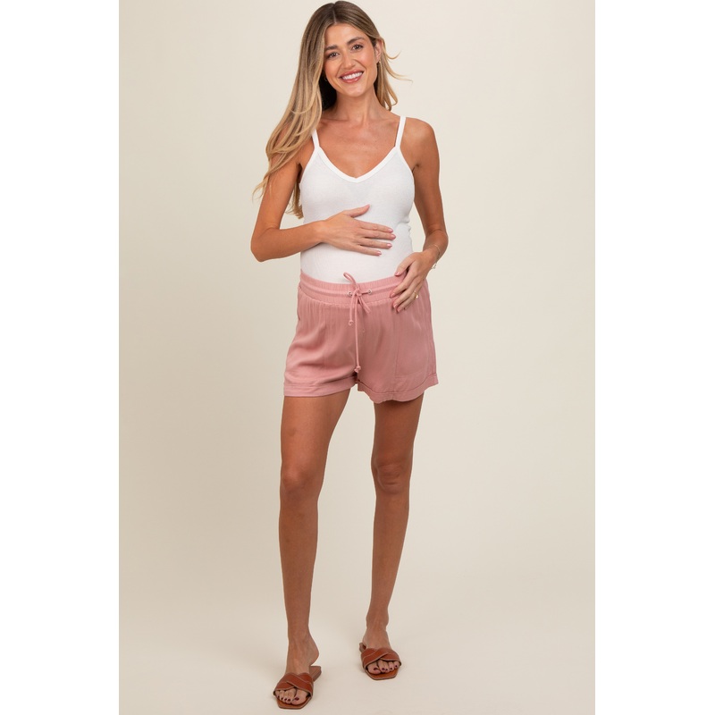 Pink Drawstring Waist Tie Maternity Shorts