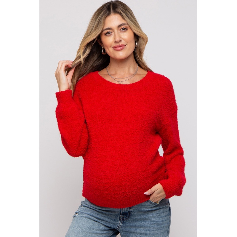Red Fuzzy Soft Knit Maternity Sweater