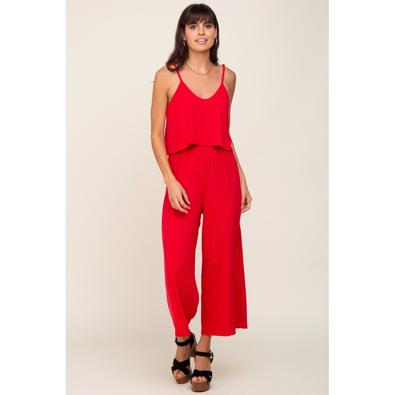 Red Ribbed Double Layer Cropped Jumpsuit