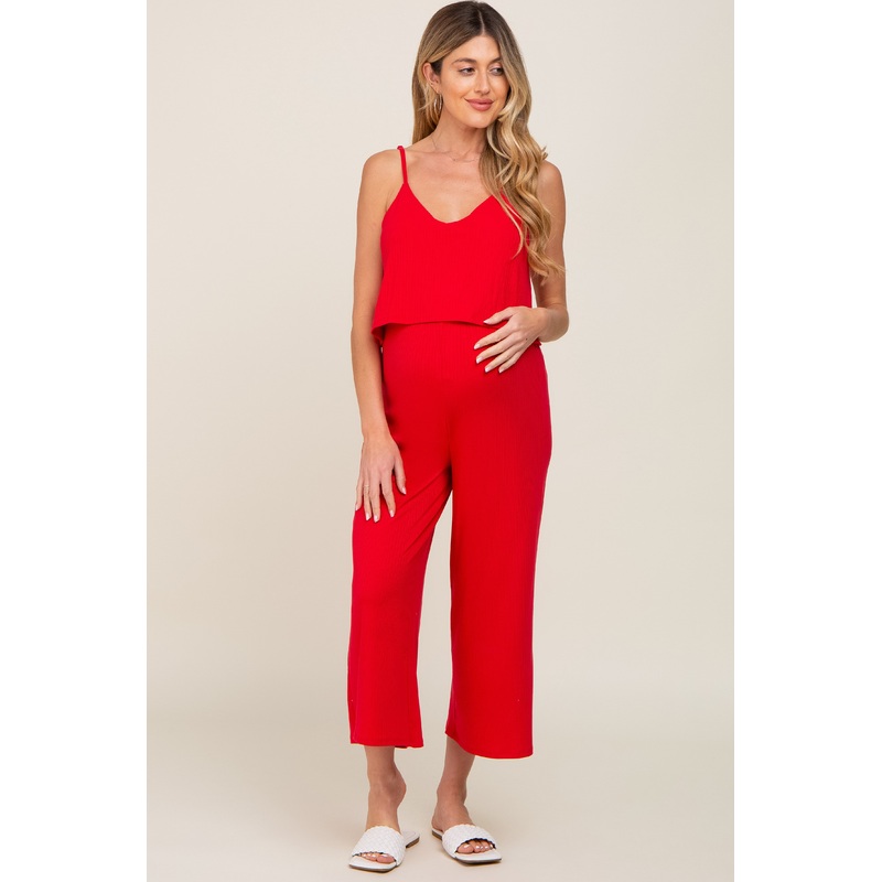 Red Ribbed Double Layer Cropped Maternity Jumpsuit