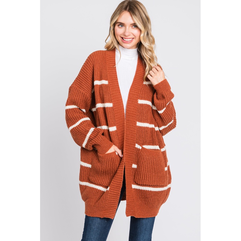 Rust Striped Chunky Knit Cardigan