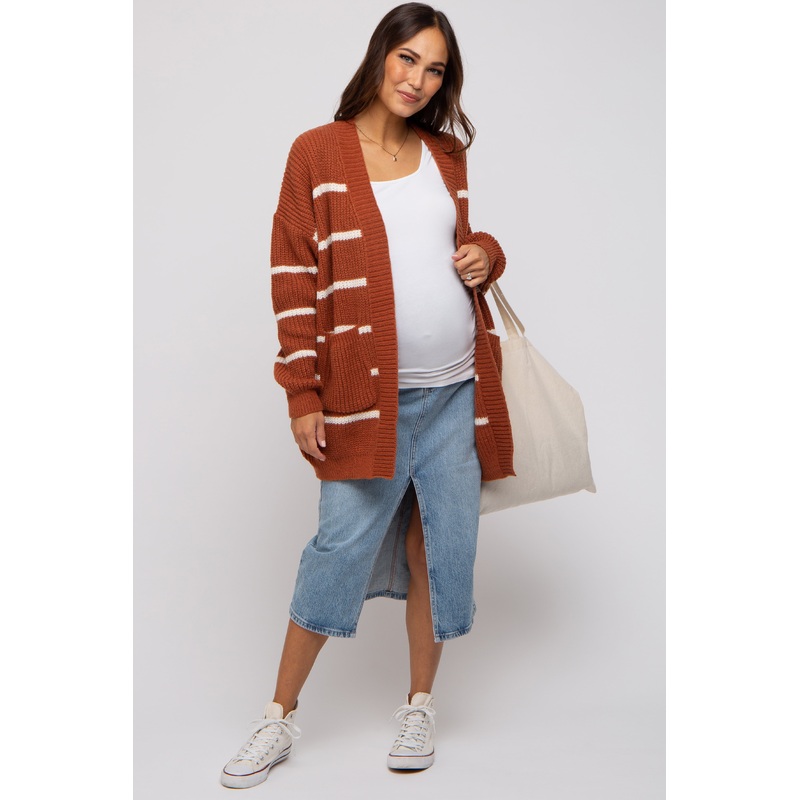 Rust Striped Chunky Knit Maternity Cardigan