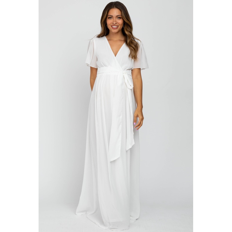 White Chiffon Short Sleeve Maternity Maxi Dress