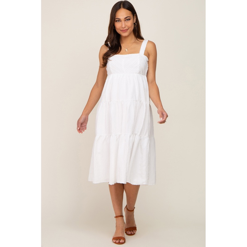 White Textured Striped Tiered Maternity Midi Dress