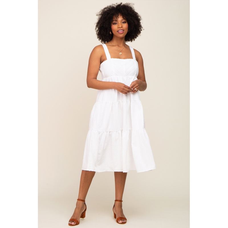 White Textured Striped Tiered Midi Dress