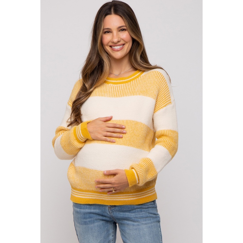 Yellow Fuzzy Striped Maternity Sweater
