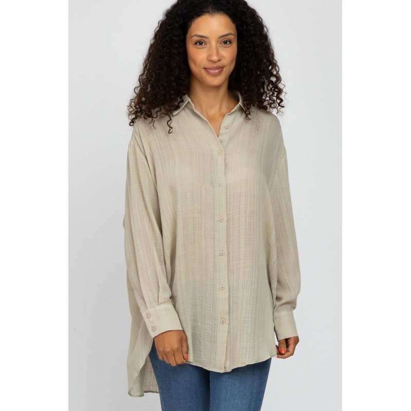 Beige Lightweight Sheer Button Down Blouse