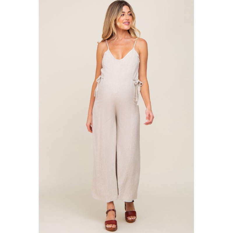 Beige Linen Criss Cross Back Side Tie Wide Leg Maternity Jumpsuit