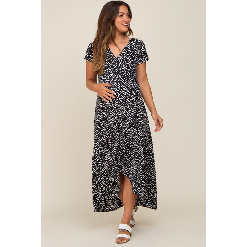 Black Animal Print Maternity Wrap Dress