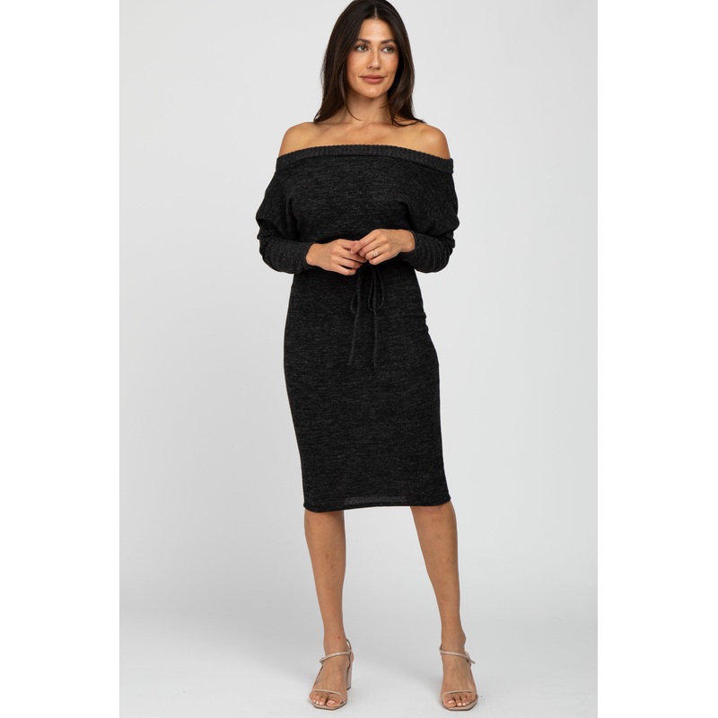 Black Brushed Knit Off Shoulder Dress