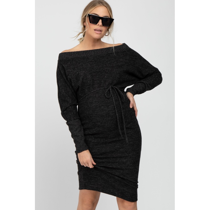 Black Brushed Knit Off Shoulder Maternity Dress