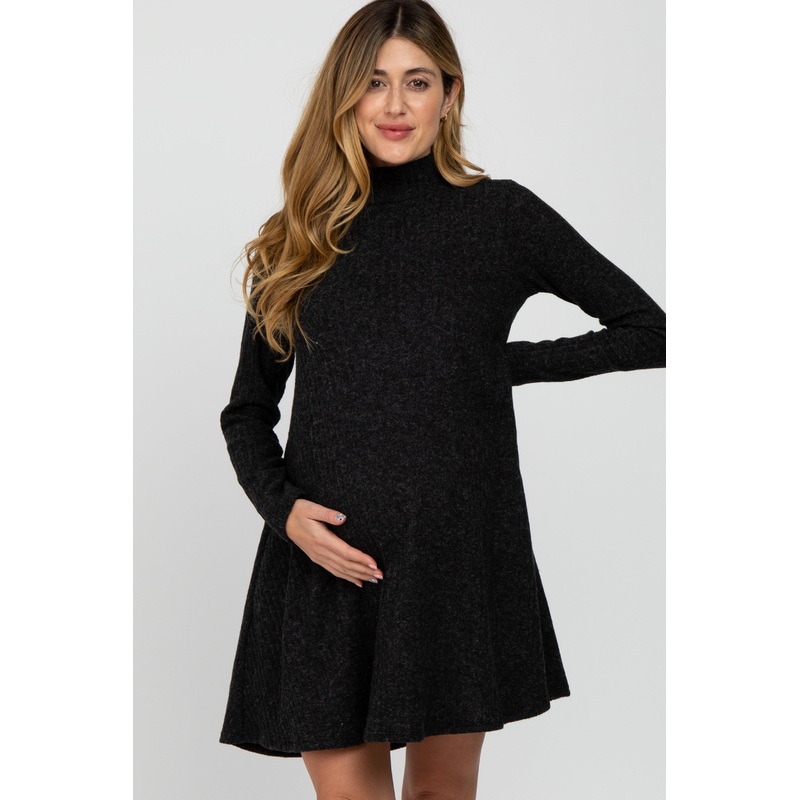 Black Brushed Mock Neck Maternity Dress