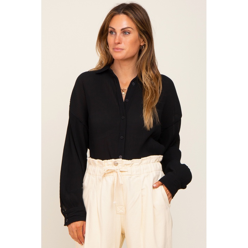 Black Plisse Chiffon Blouse