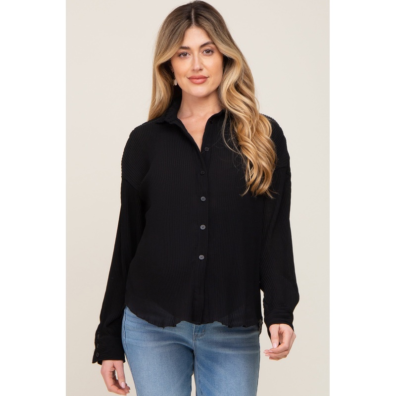 Black Plisse Maternity Chiffon Blouse