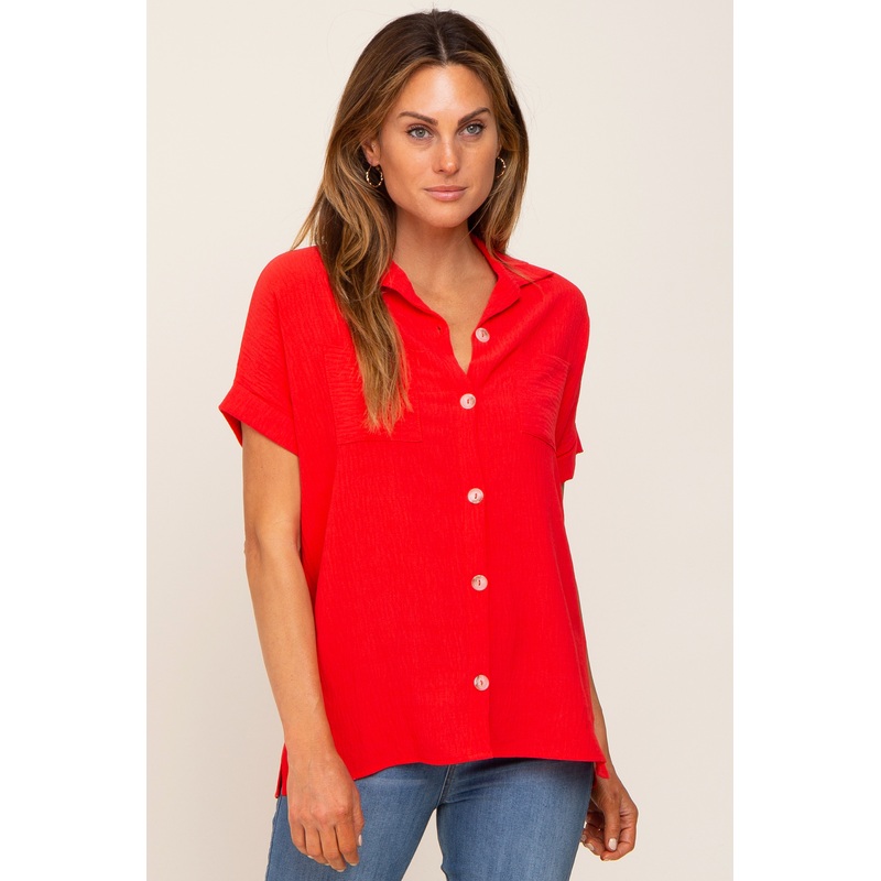 Red Collared Button-Down Short Sleeve Blouse
