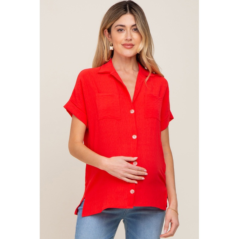 Red Collared Button-Down Short Sleeve Maternity Blouse